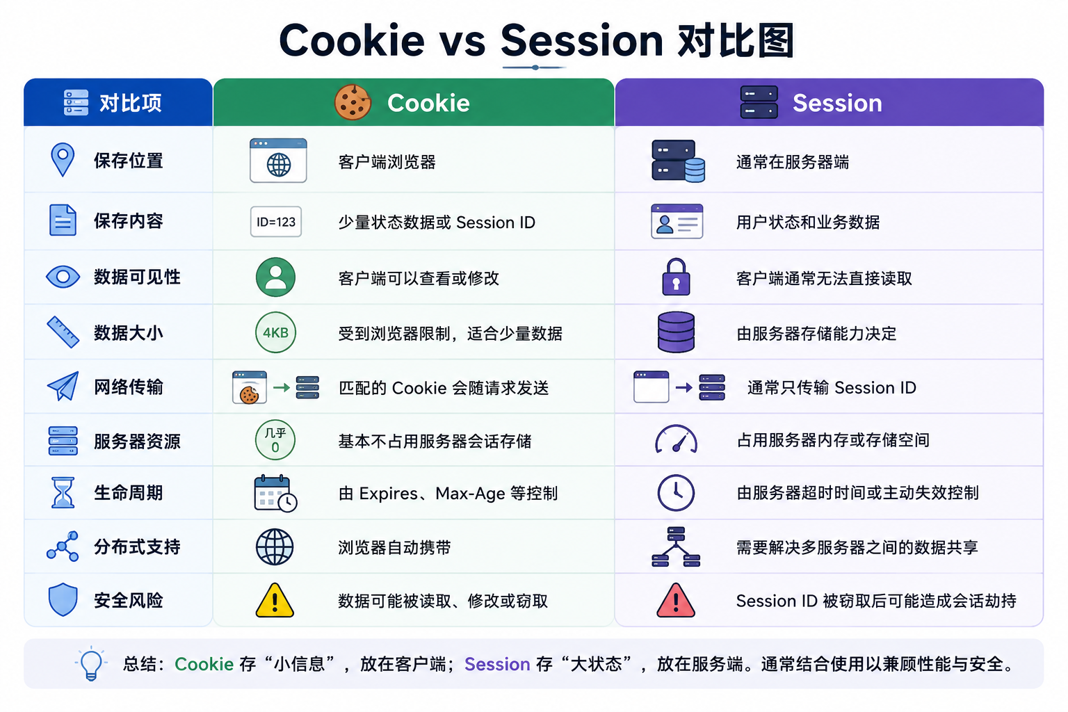计算机网络应用层:Cookie 和 Session 的区别与联系示意图