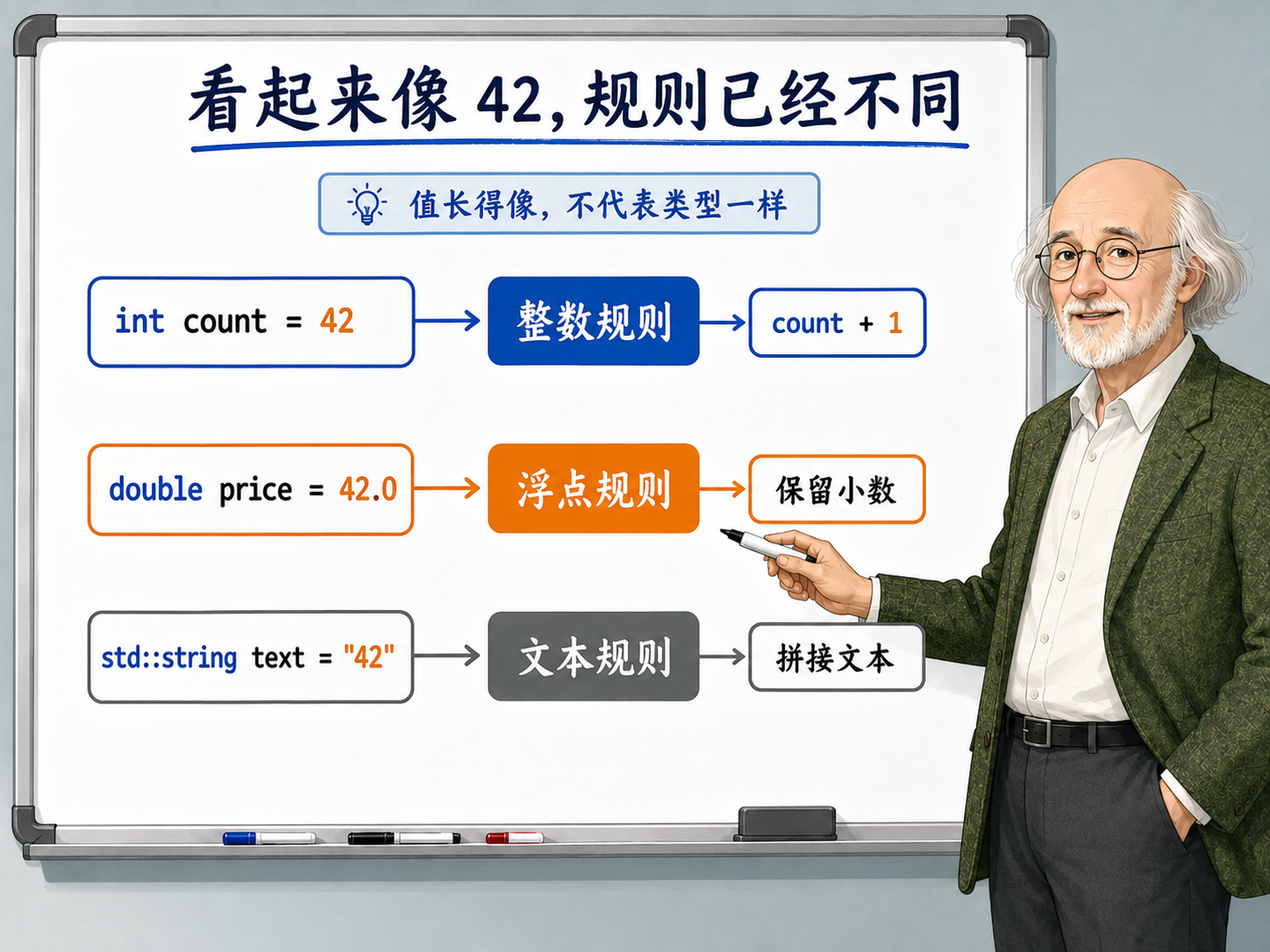 C++ 不同类型变量的规则差异示意图