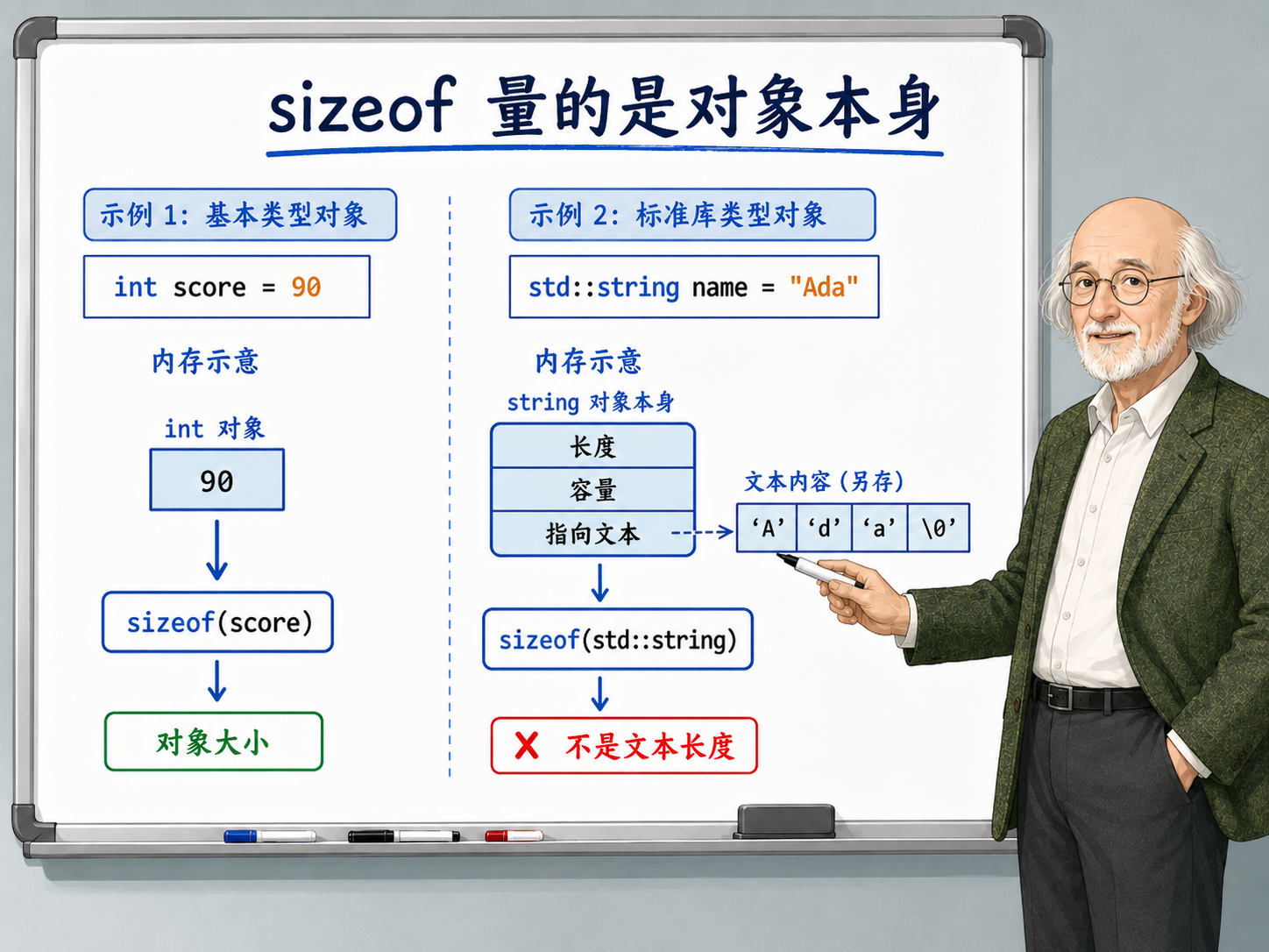 C++ sizeof运算符用于测量对象大小的示例示意图