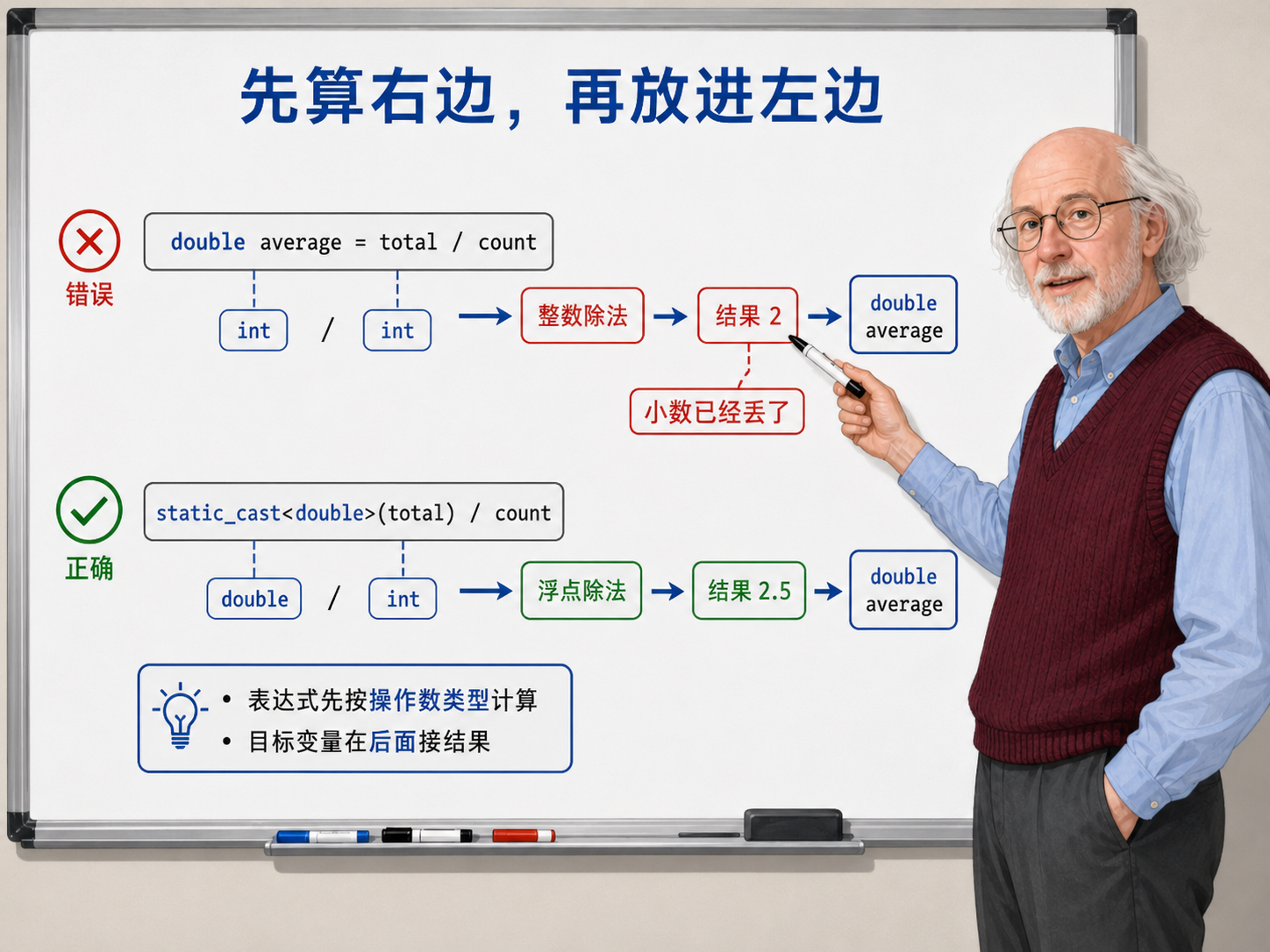 C++ 整数除法和类型转换的两种情况示意图