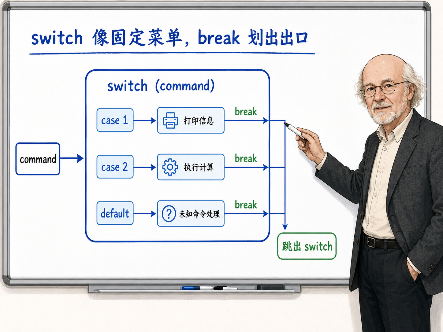 C++ switch像固定菜单，break划出出口示意图