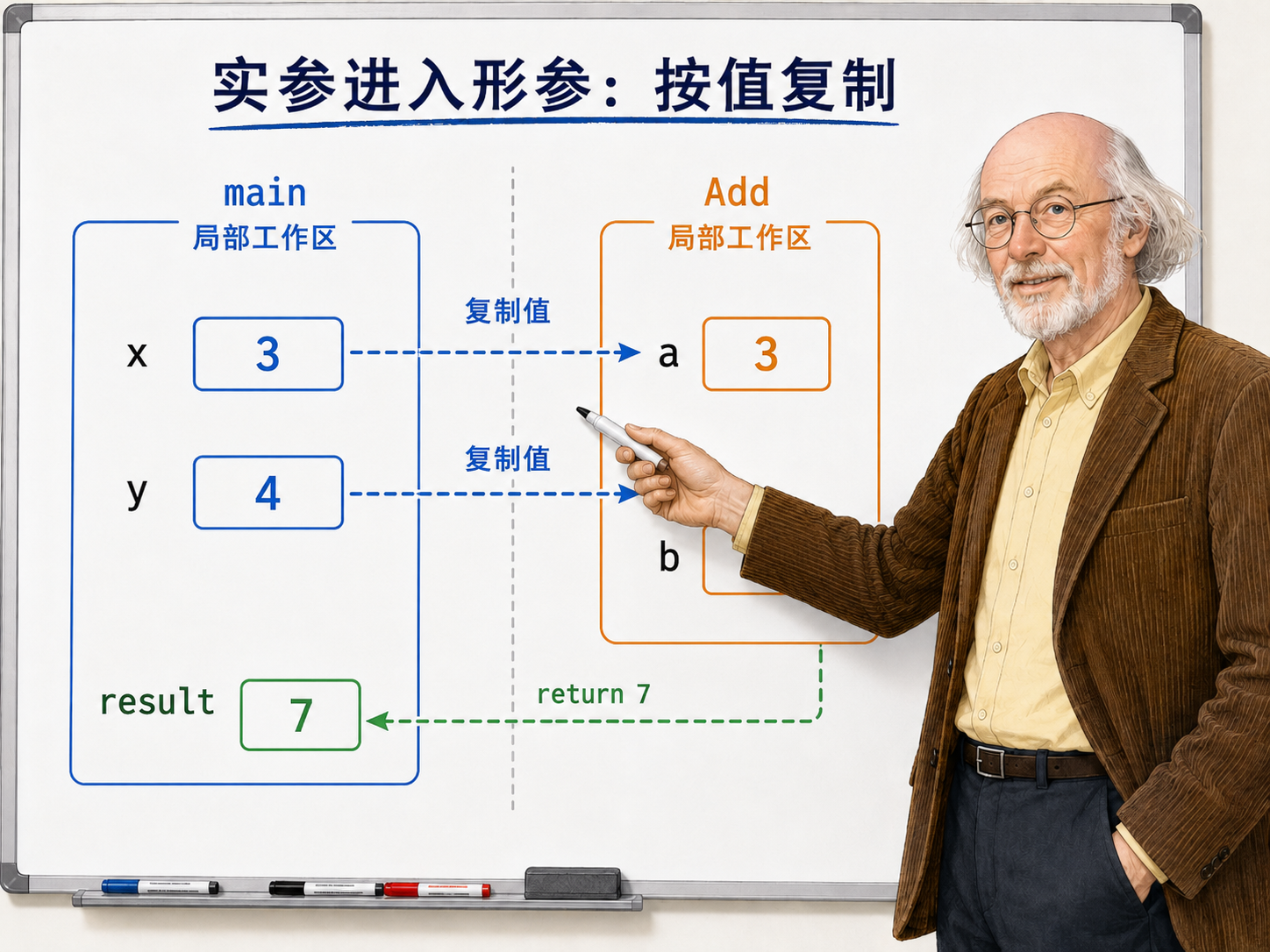 C++ 函数调用时实参进入形参的按值复制过程示意图