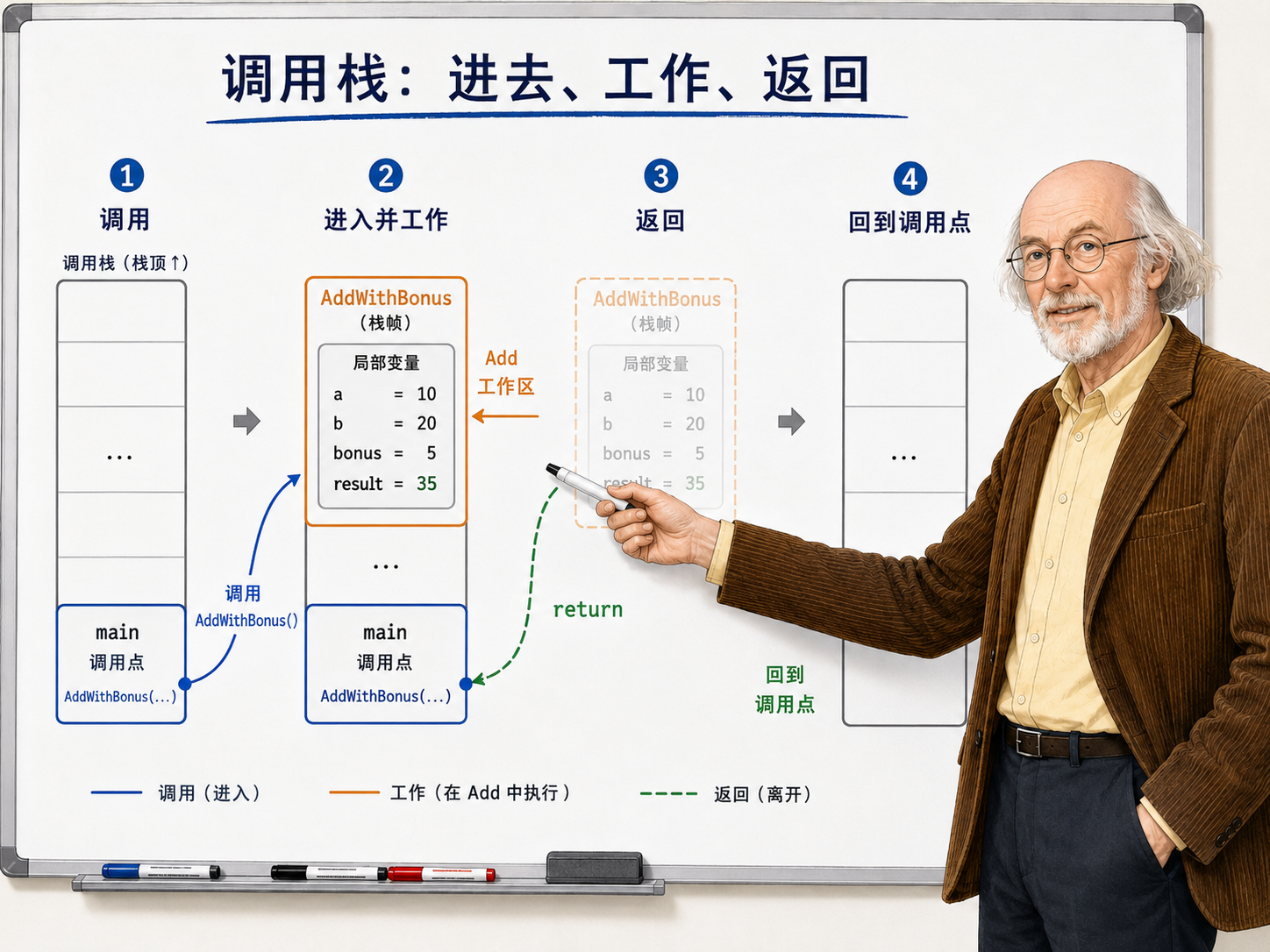 C++ 函数调用栈的工作过程示意图