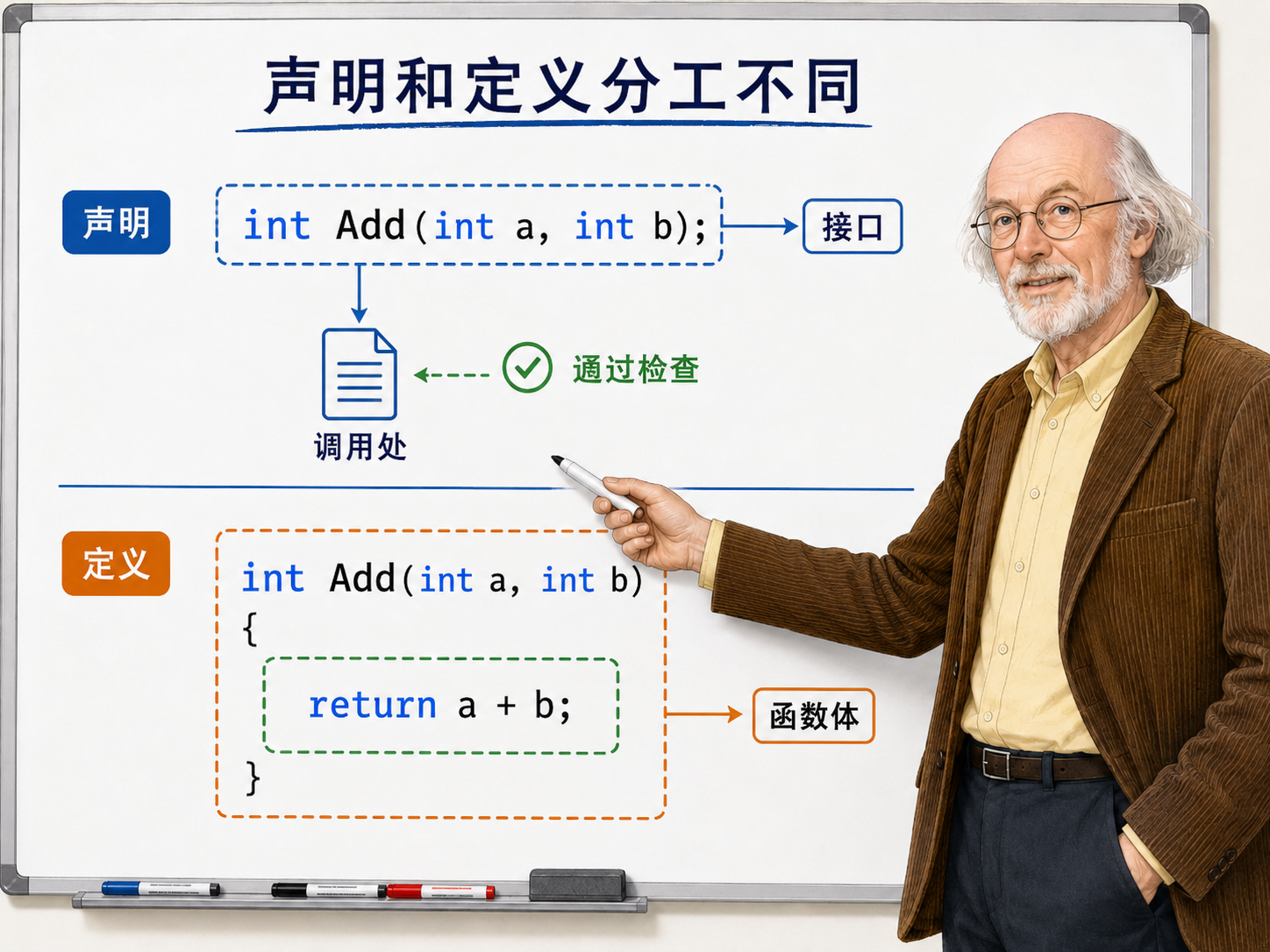 C++ 函数声明和定义的分工示意图