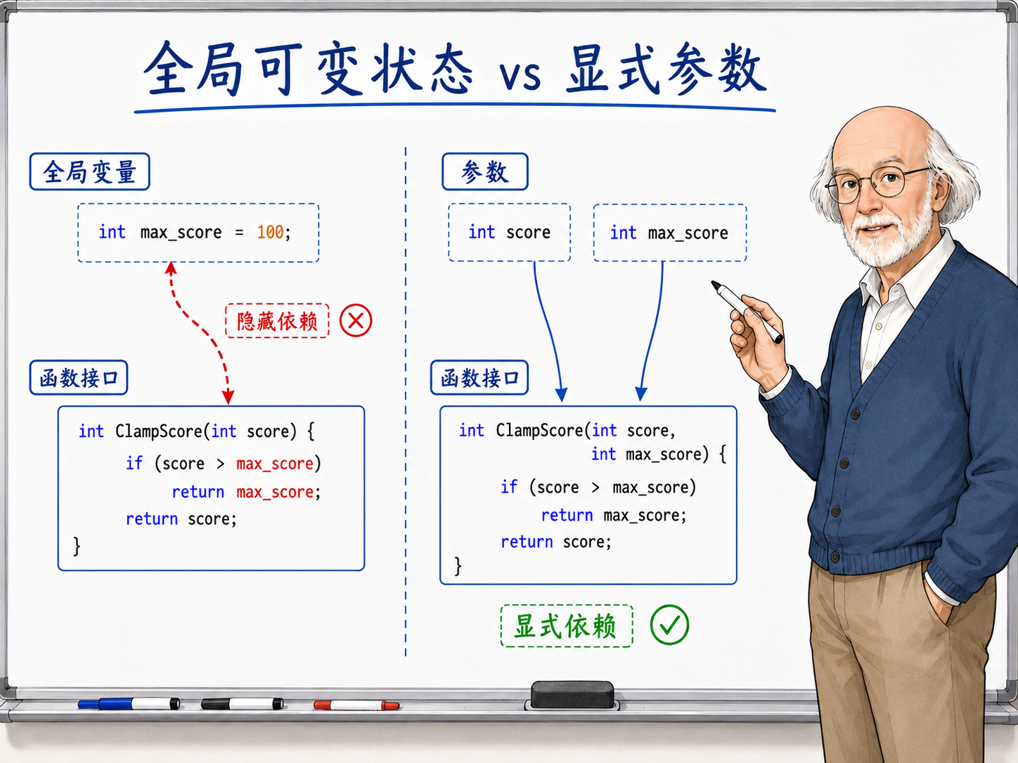 C++ 全局可变状态与显式参数的对比