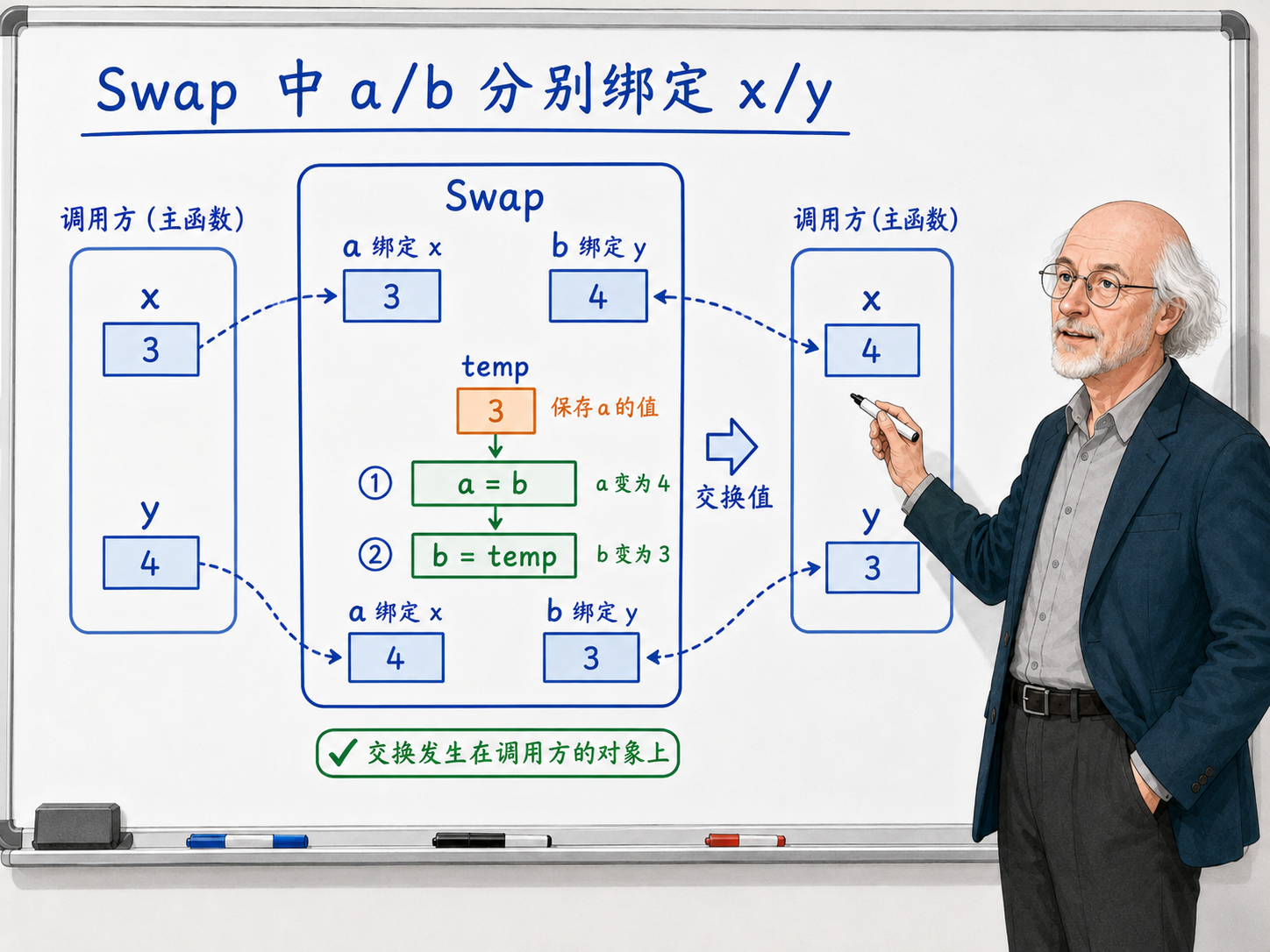 C++ Swap函数中a/b分别绑定x/y时的内存操作过程示意图