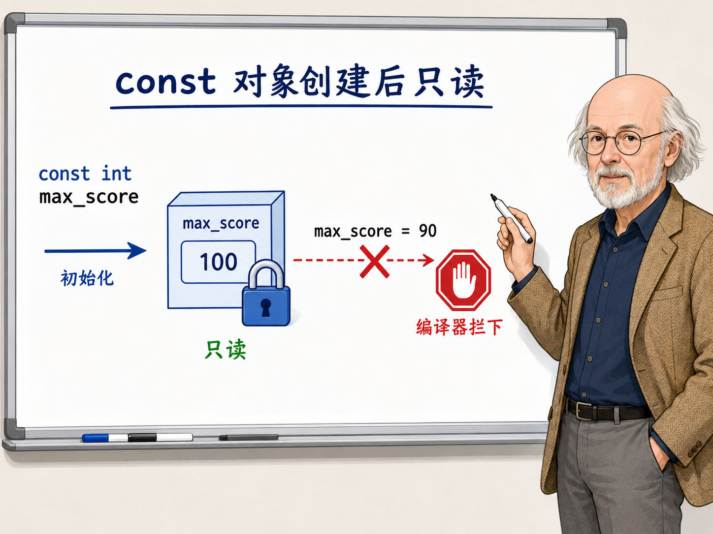 C++ const对象创建后只读的原理示意图