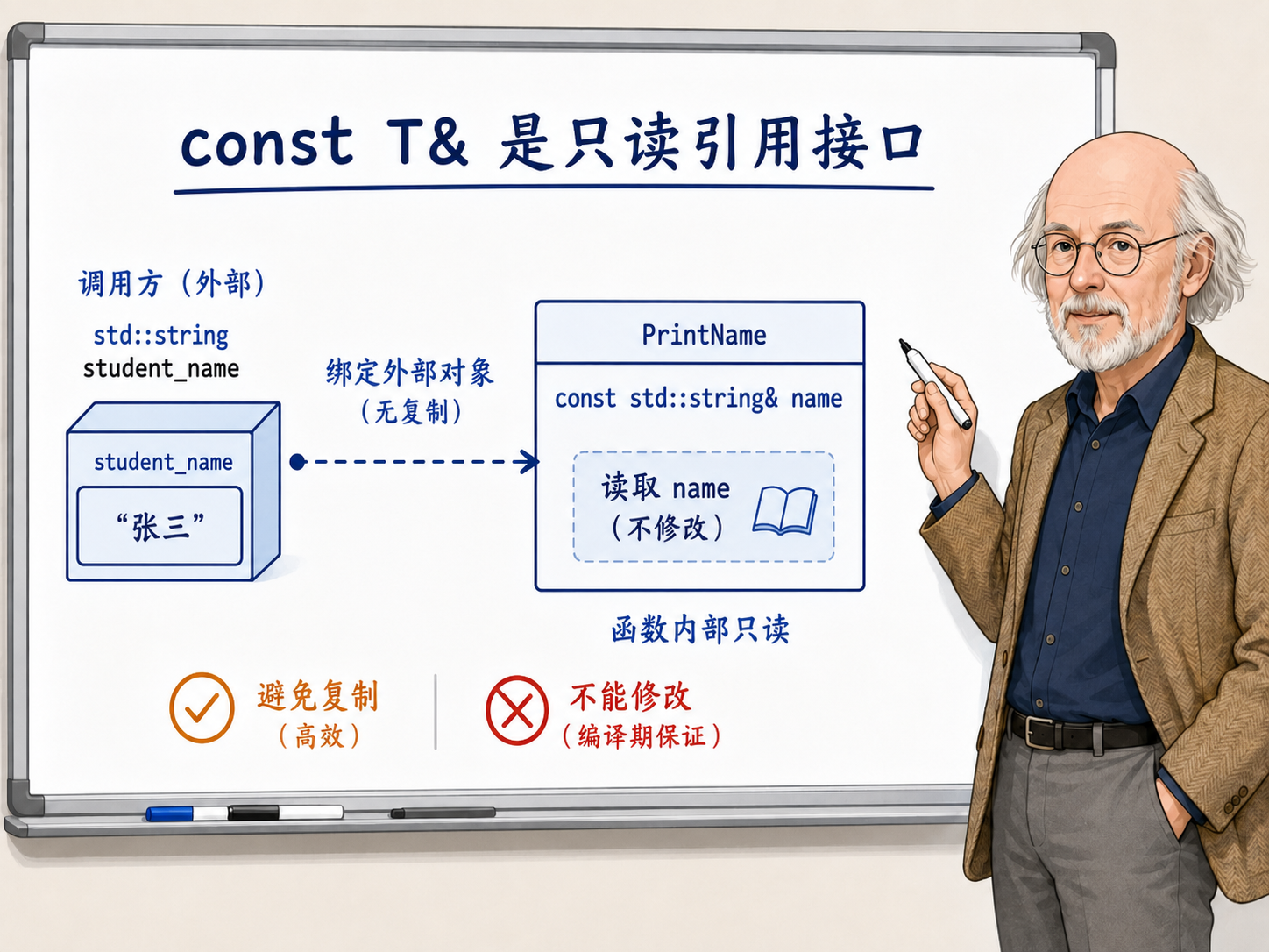 C++ const T&作为只读引用接口的 08 const：把这里是否允许修改写进类型里示意图