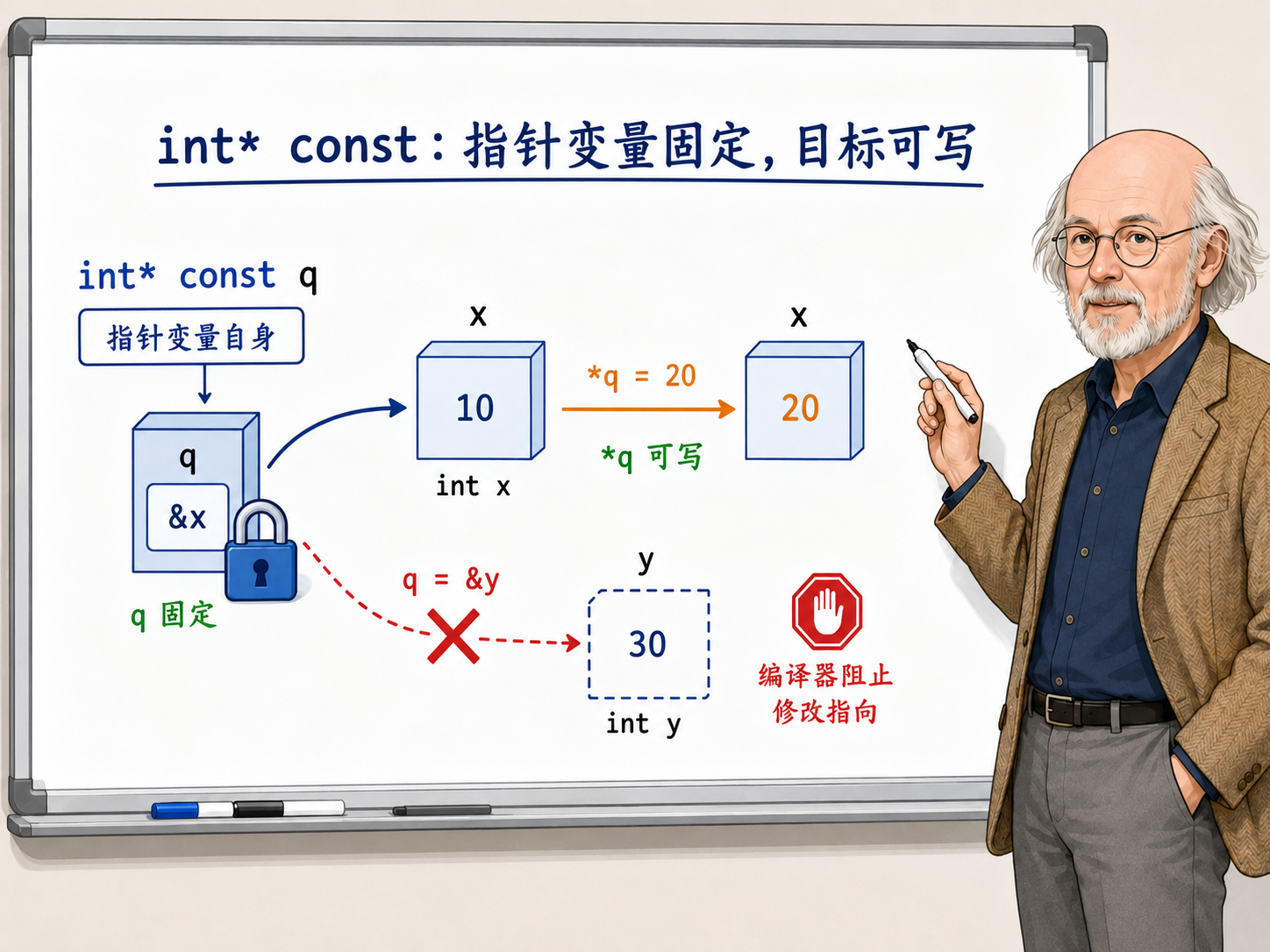 C++ int* const的含义示意图
