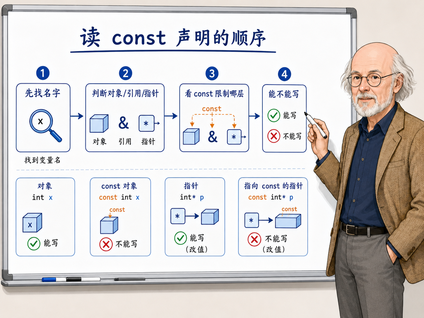C++ 读const声明的顺序示意图