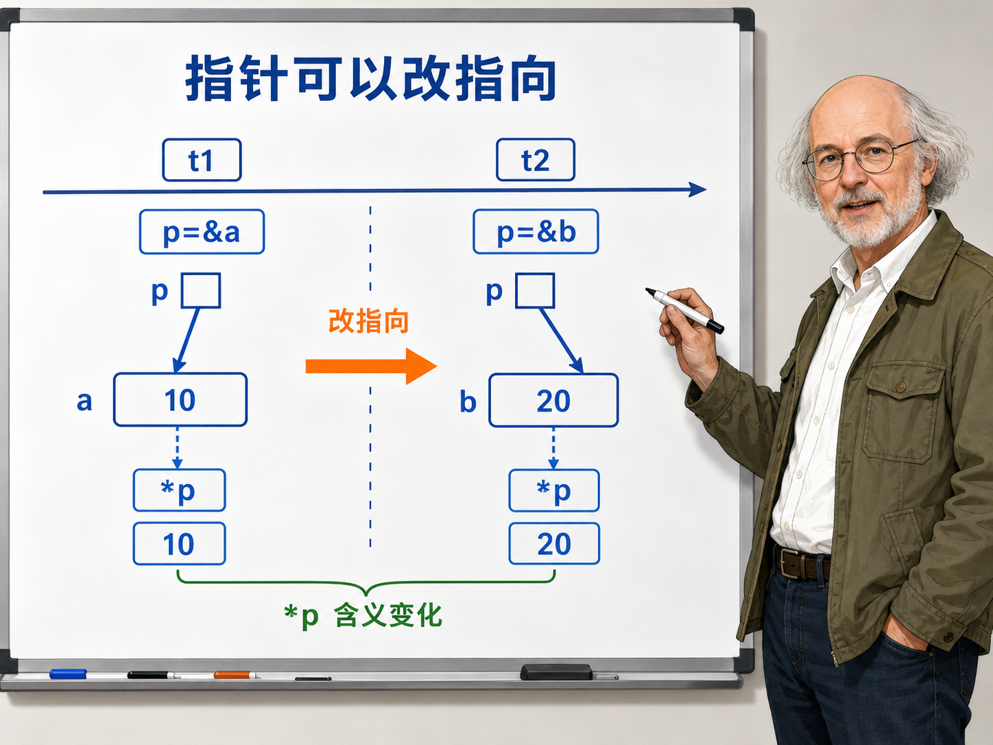 C++ 指针可以改指向的示例示意图