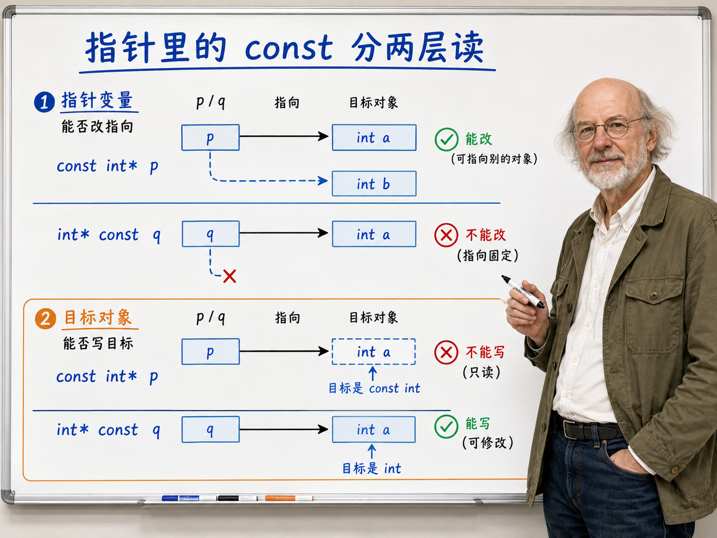 C++ 指针里的const分两层读示意图