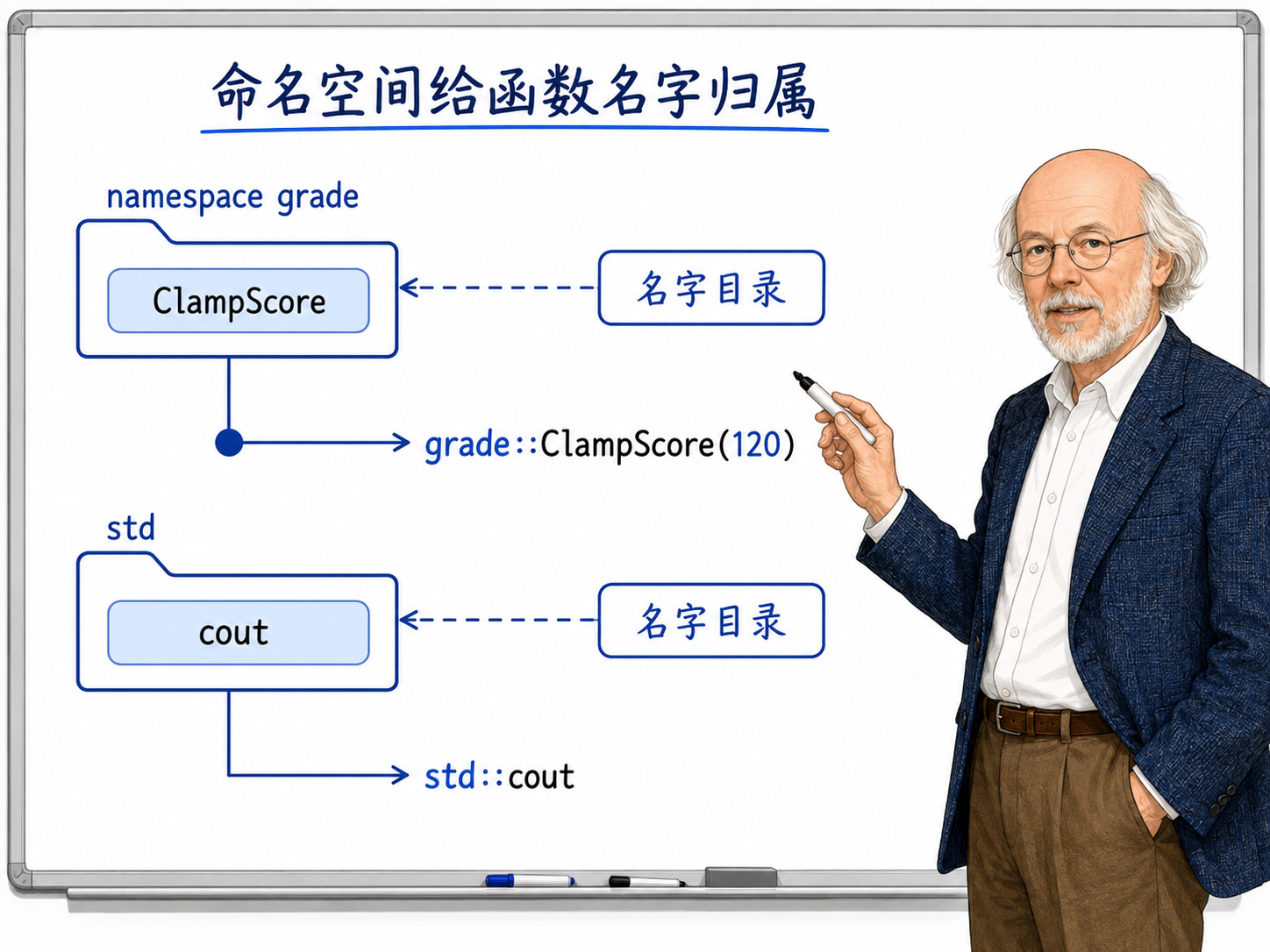 C++ 命名空间给函数名字归属示意图