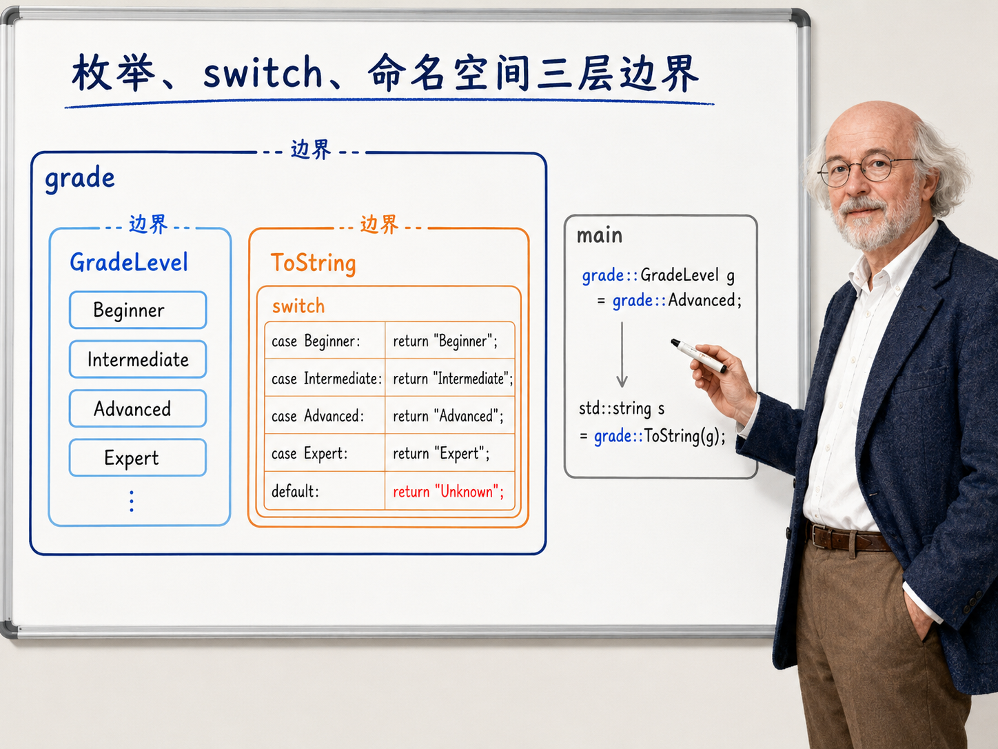 C++ 枚举、switch、命名空间三层边界示意图