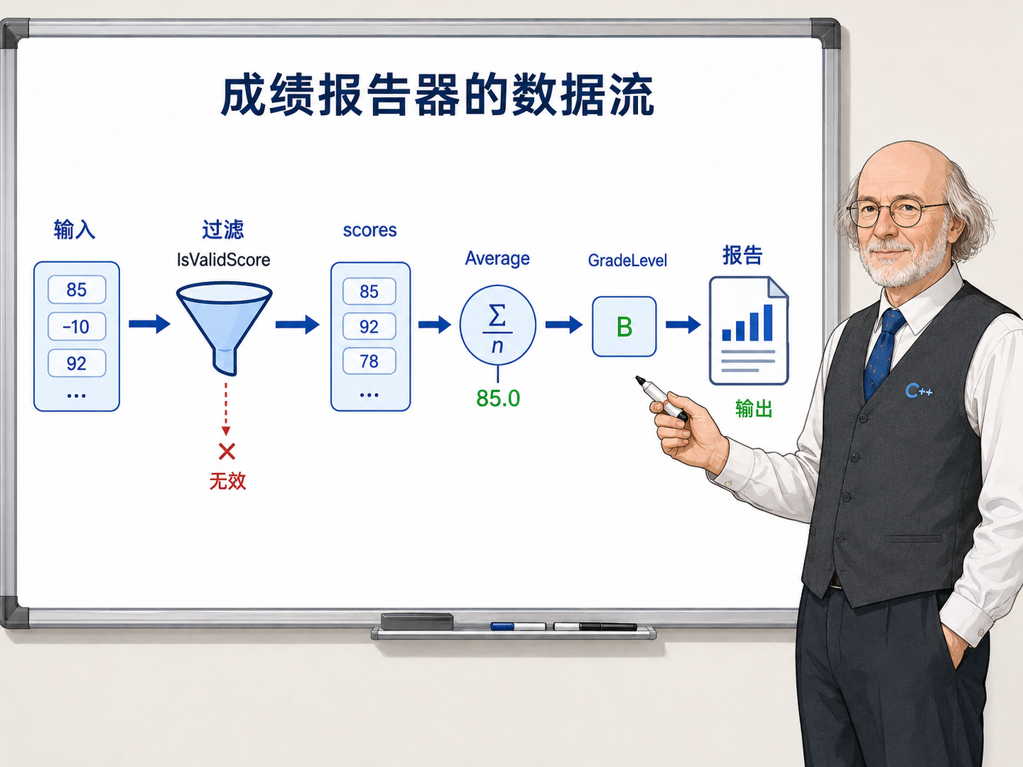 C++ 成绩报告器的数据流示意图