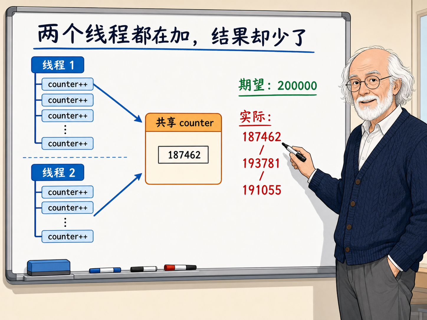 C++ 两个线程对共享变量counter进行加操作示意图