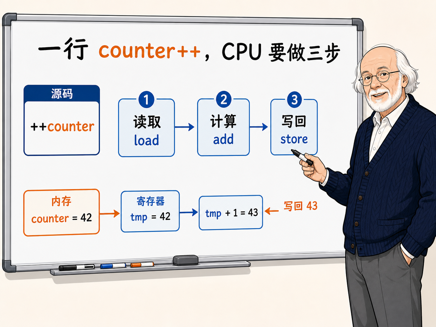 C++ CPU执行一行++counter指令的三步操作示意图