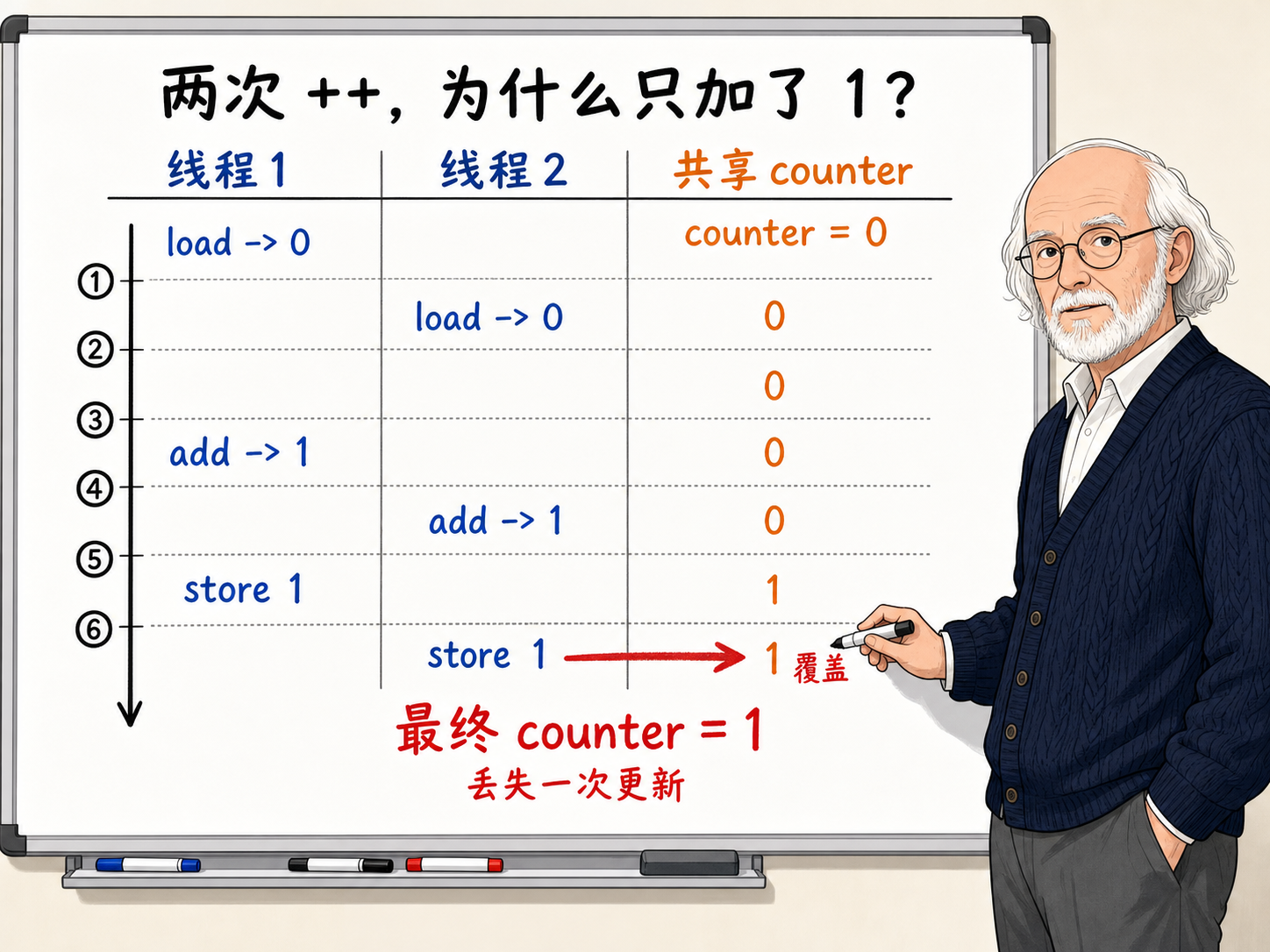 C++ 线程1和线程2并发读写共享变量counter时示意图