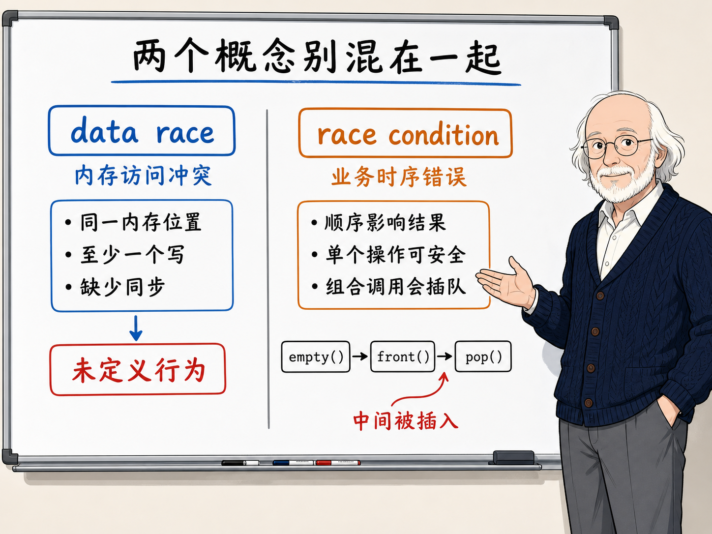 C++ data race和race condition两个概念的区别示意图