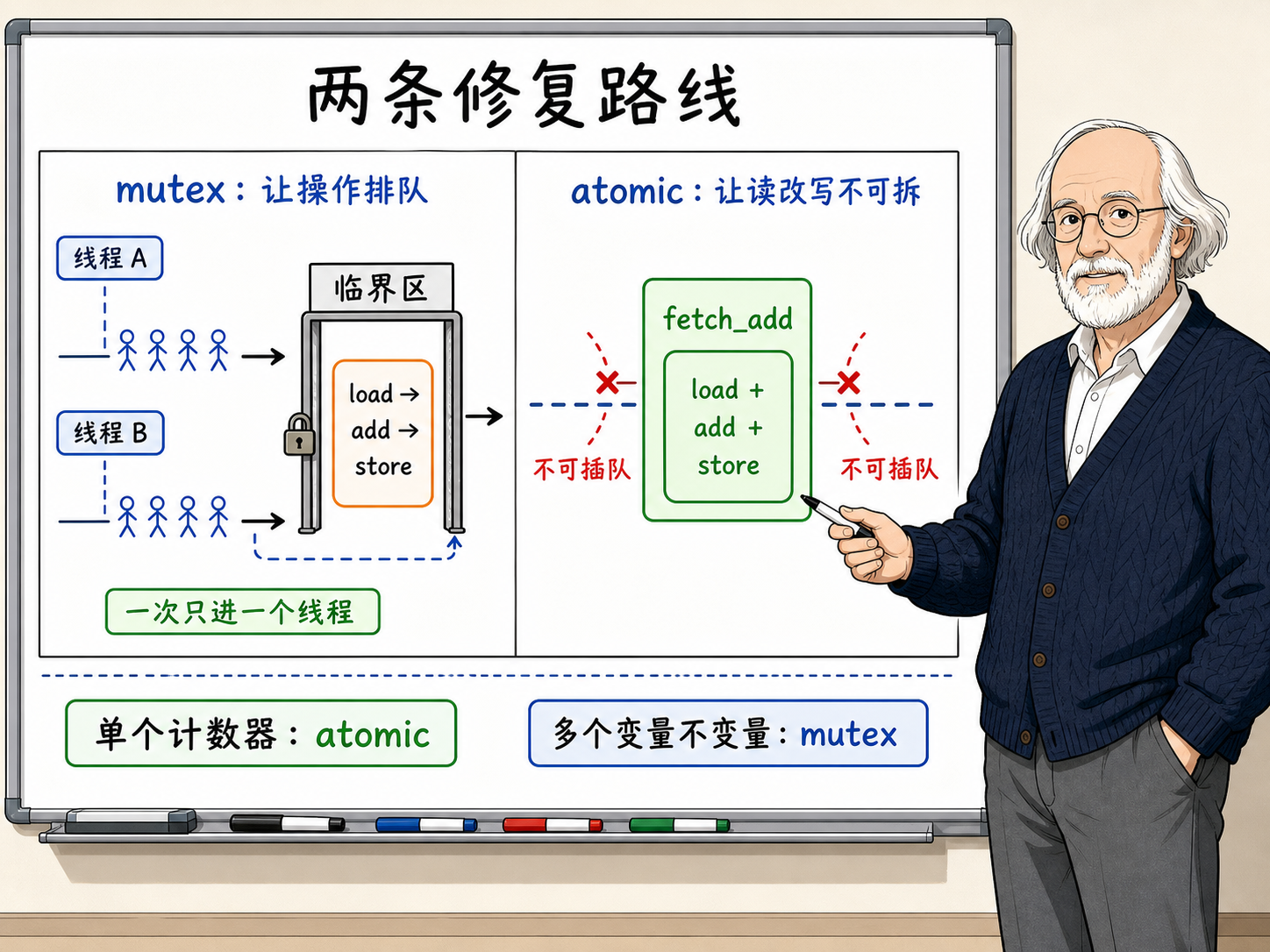 C++ 两条修复数据竞争的路线示意图