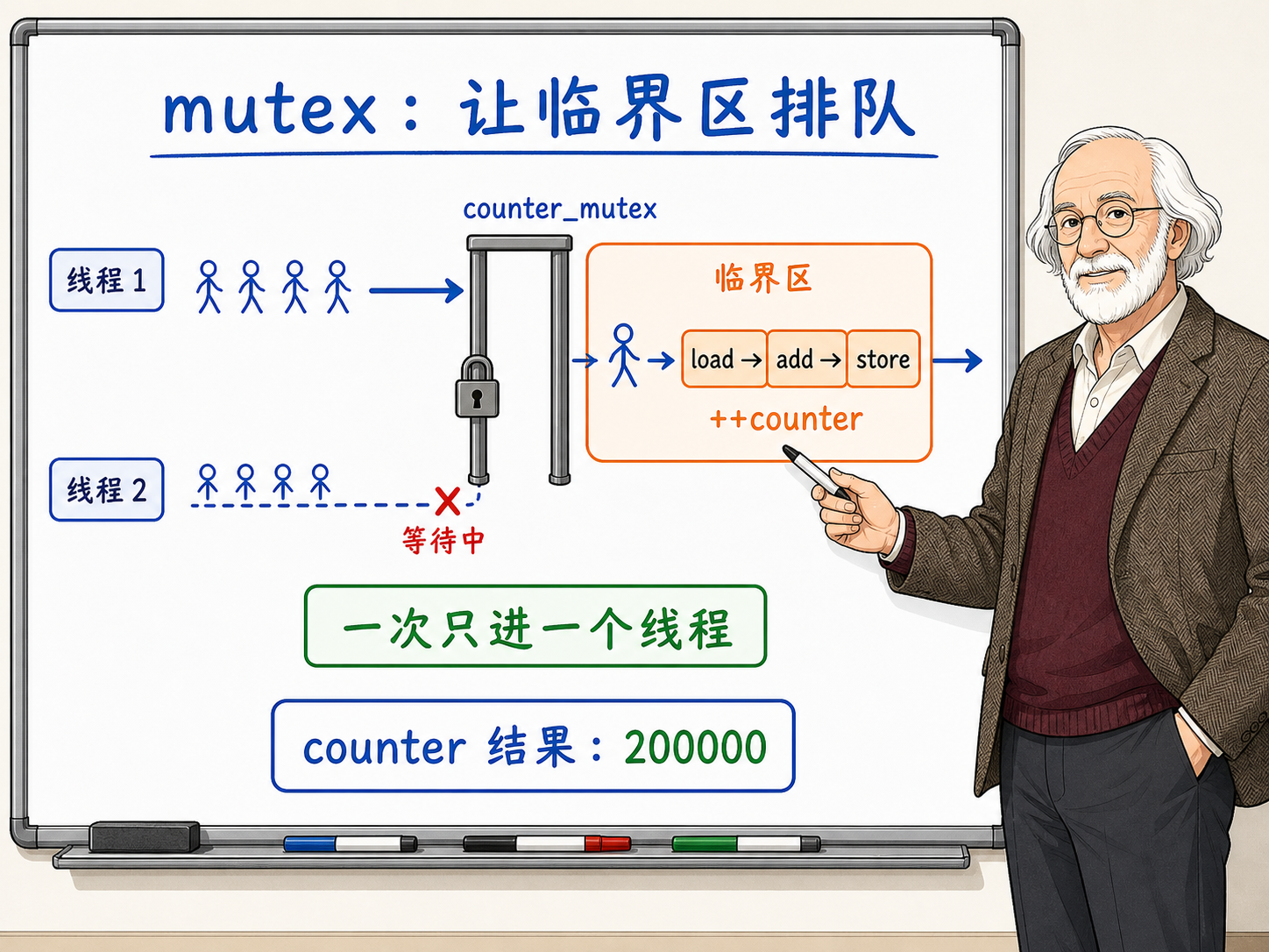 C++ mutex让临界区排队执行的原理示意图