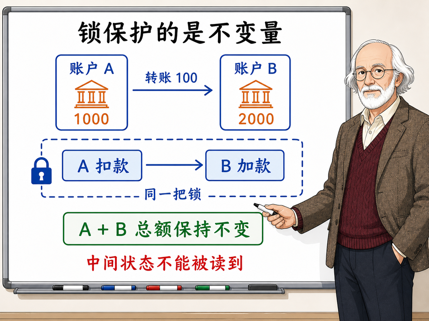 C++ 转账业务中锁保护不变量的示例示意图