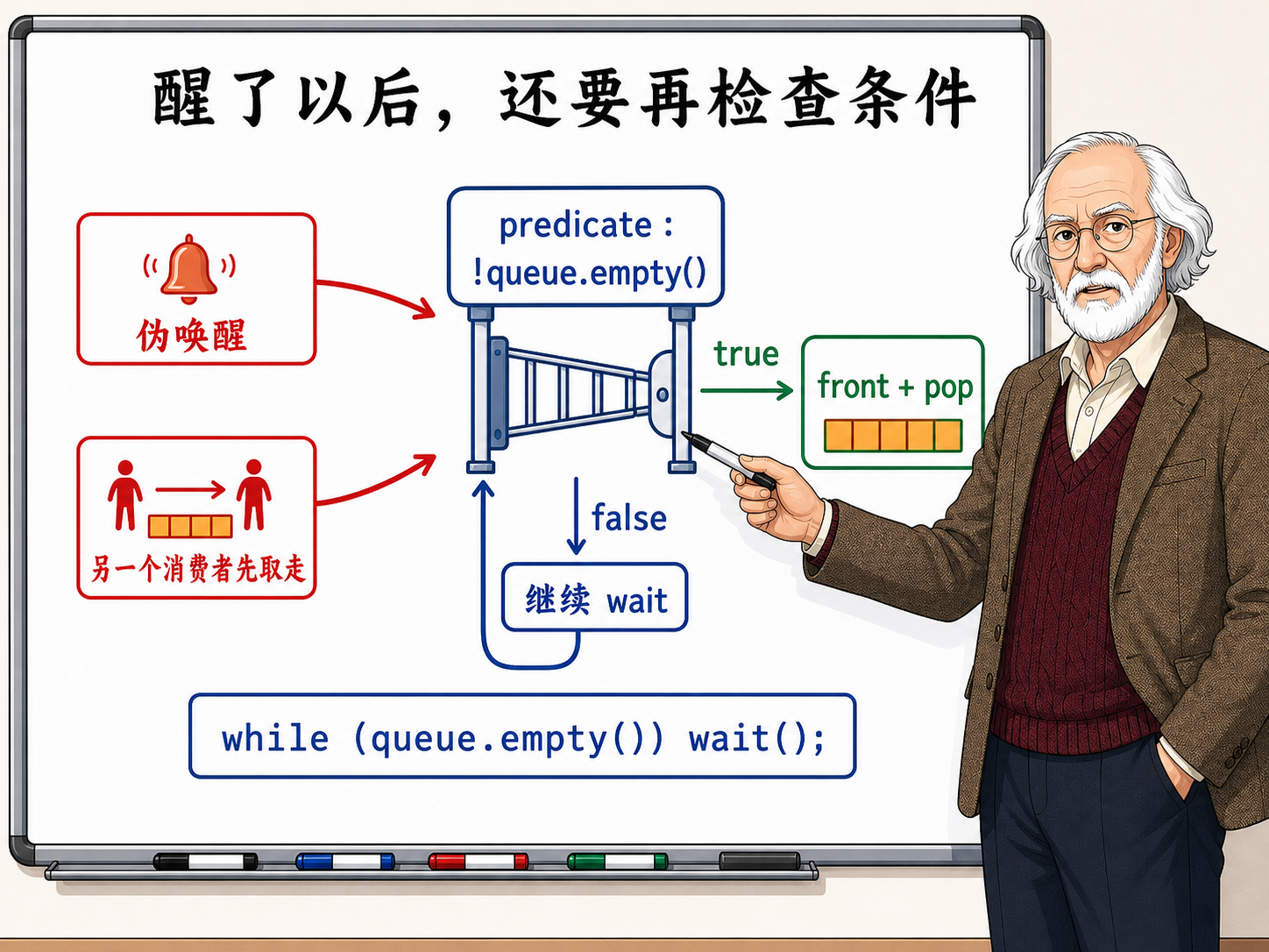 C++ 伪唤醒的防线：Predicate 检查示意图