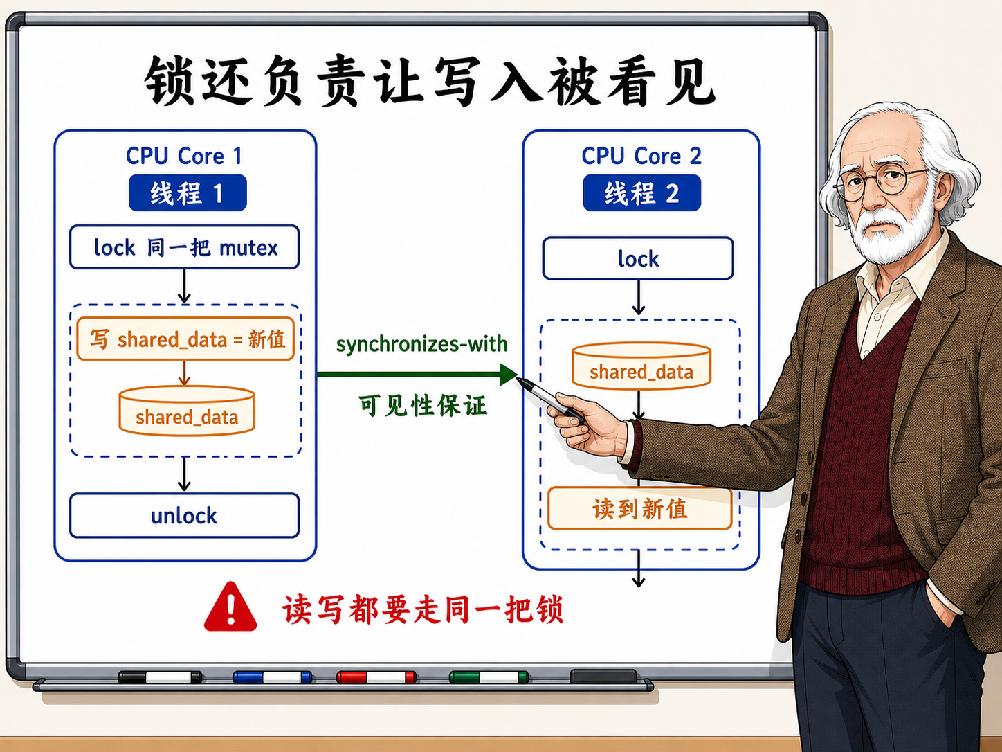 C++ 锁在硬件层面带来的可见性保证原理示意图