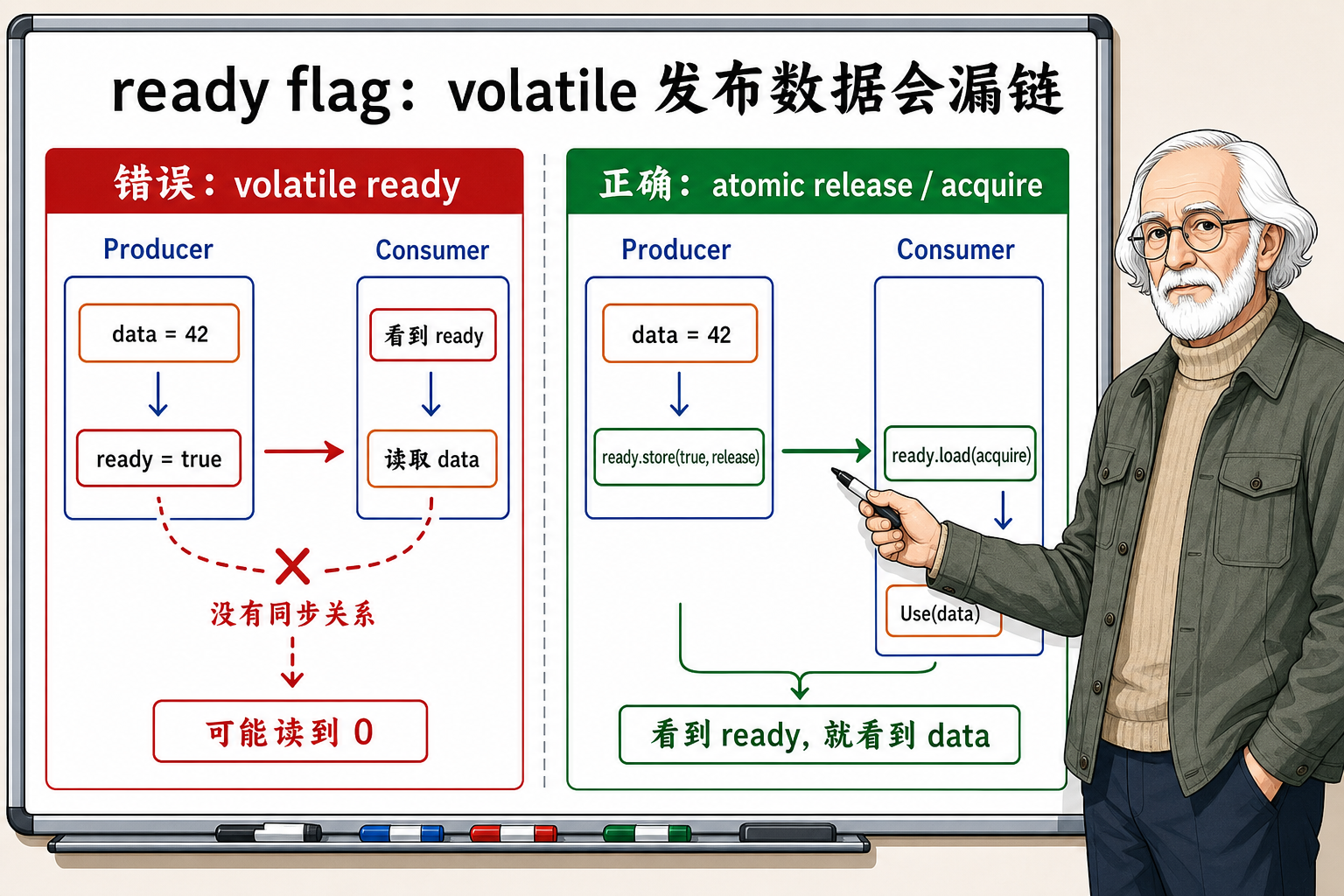 C++ ready标志使用volatile发布数据的错误与正确用法示意图