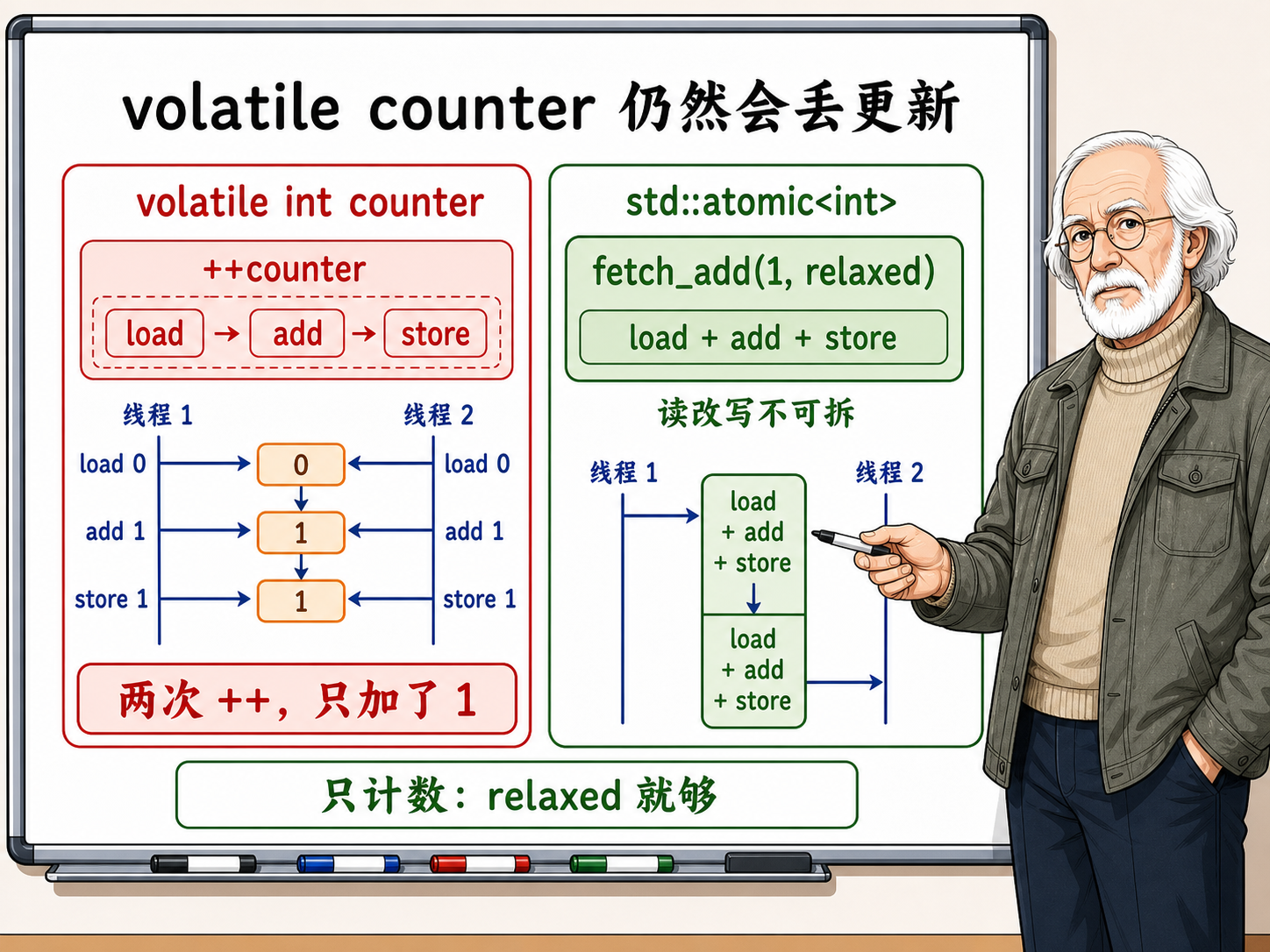 C++ volatile 计数器为什么仍然丢更新示意图
