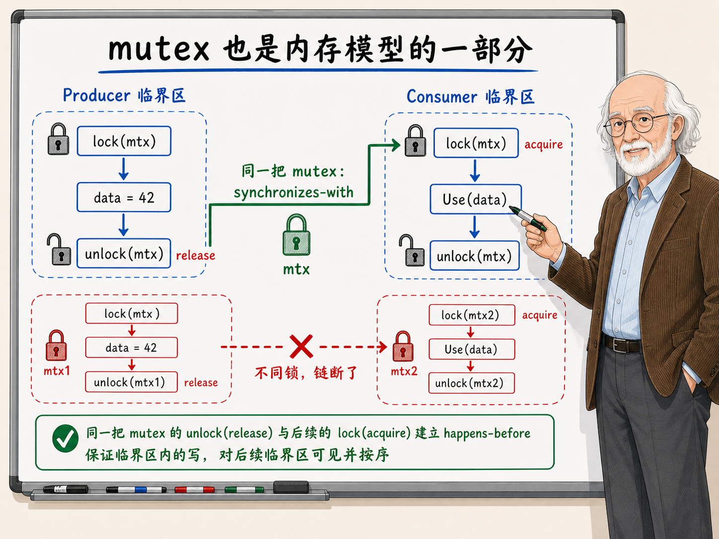 C++ mutex在内存模型中的作用示意图