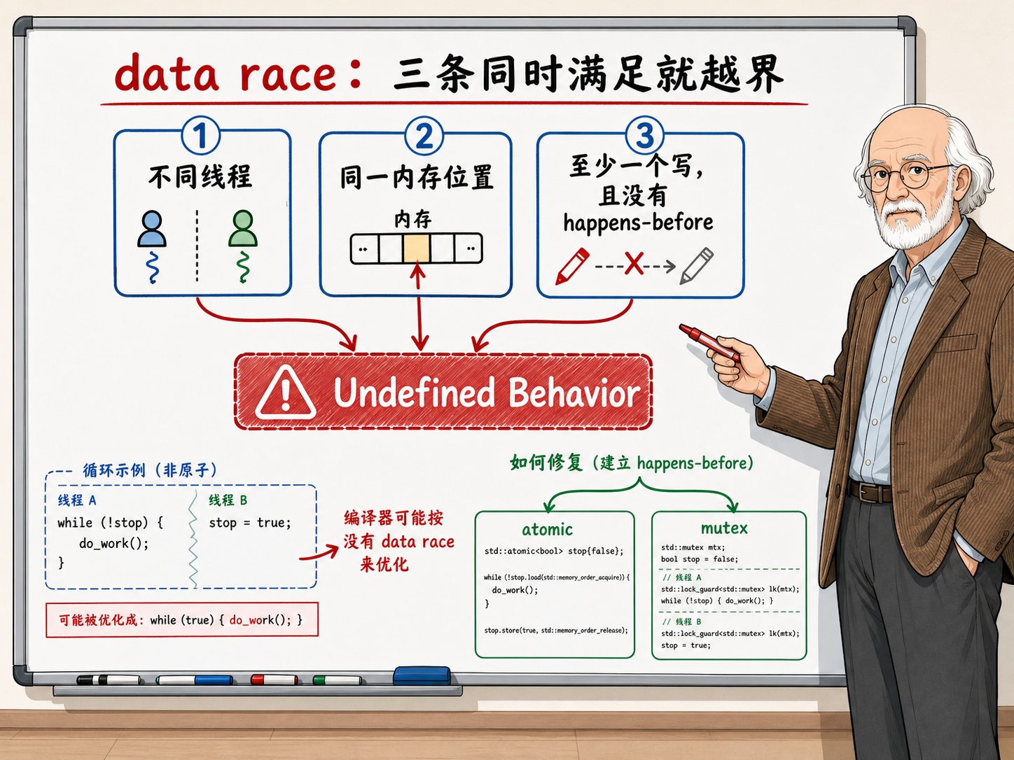 C++ data race：三条同时满足就越界示意图