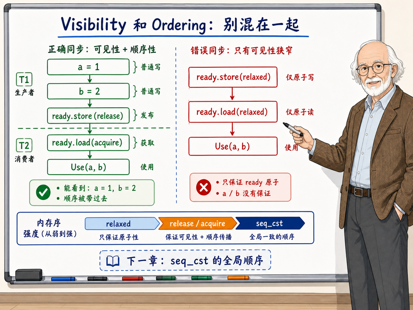 C++ 内存模型中可见性和顺序性相关示意图