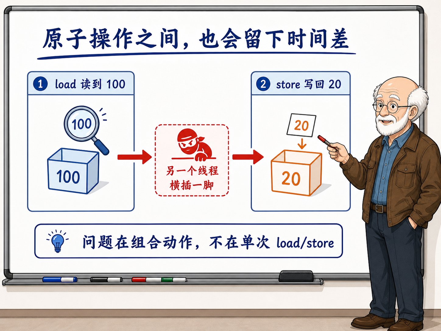 C++ 原子操作之间会留下时间差的问题示意图