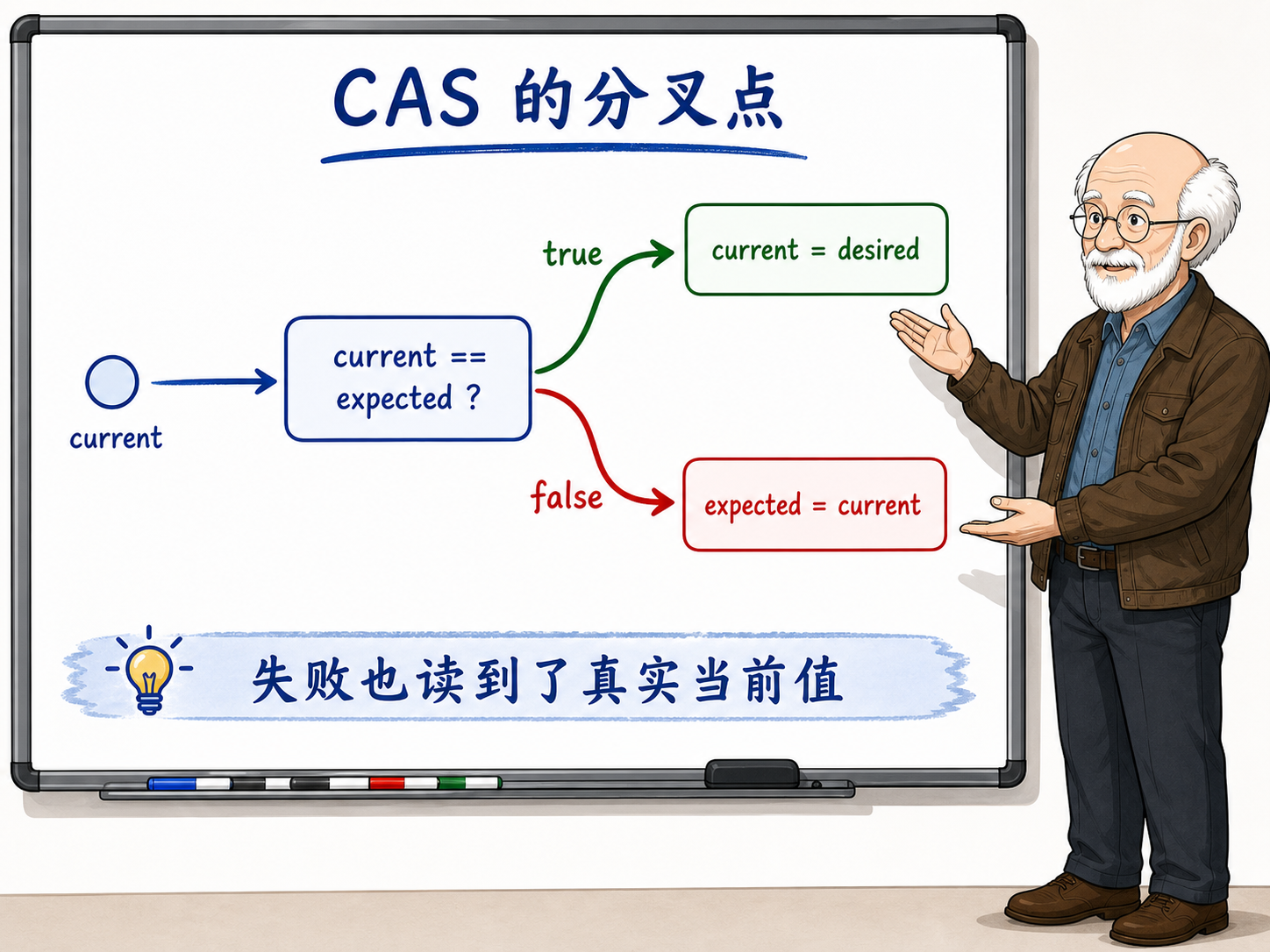 C++ CAS（Compare and Swap）的分叉点示意图