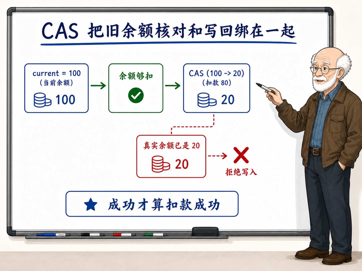 C++ CAS（Compare and Swap）机制在余额扣款逻辑中的应用示意图