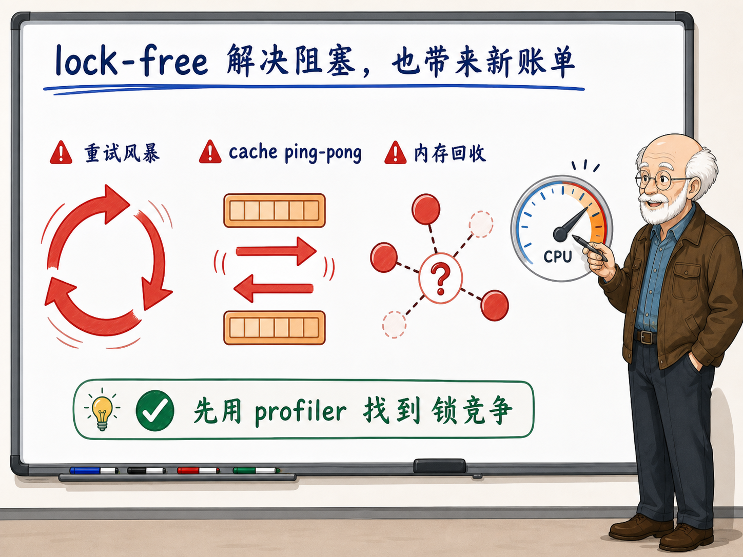 C++ 无锁编程的误区与工程权衡示意图