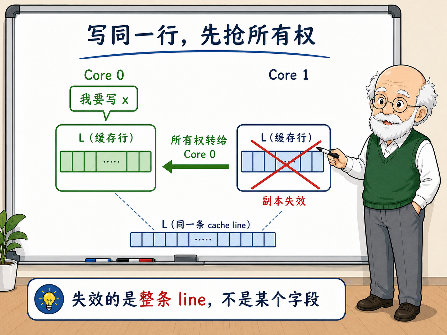 C++ MESI协议中Core 0和Core 1对同一缓存行L的操作示意图