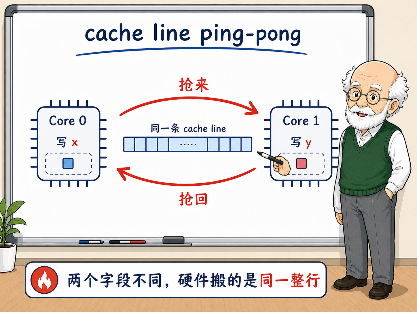C++ Core 0和Core 1在cache line ping-pong现象中的交互示意图