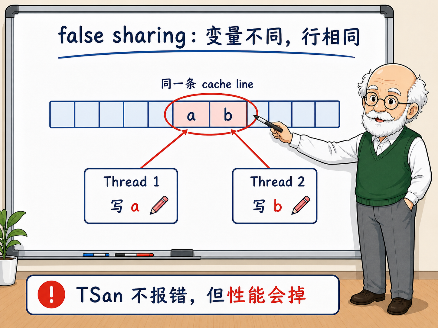 C++ false sharing：变量不同，行相同示意图