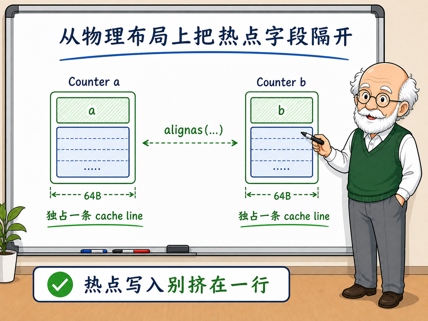 C++ 从物理布局上把热点字段隔开的示例示意图
