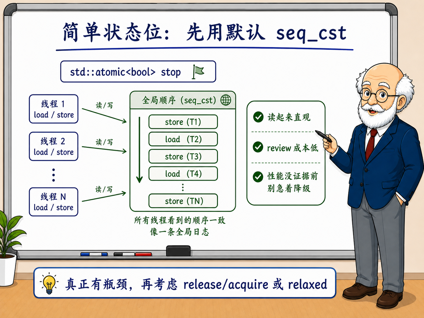 C++ 使用默认seq_cst内存序的简单状态位同步机制示意图