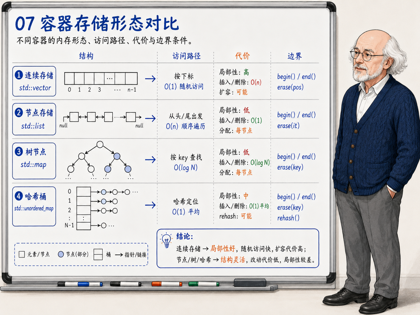 C++ 容器选择的四个问题示意图