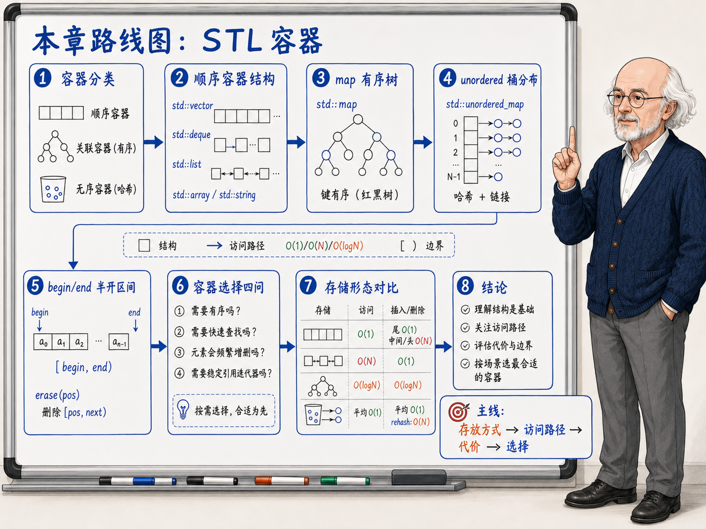 C++ 容器选择的四个问题示意图