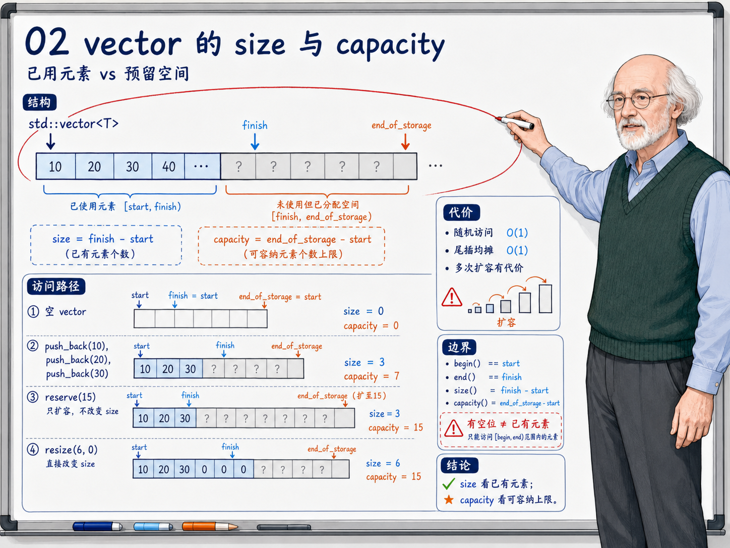 C++ vector的size()与capacity()概念示意图