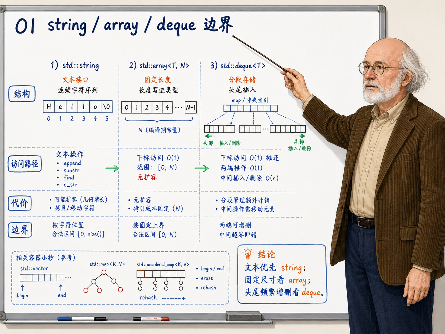 C++ string、array、deque三种容器在结构、访问路径、代价、边界等方面的关键信息示意图