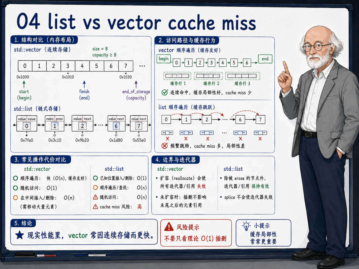 C++ list和vector在结构对比、访问路径与缓存命中、常见操作代价对比、边界与迭代器等方面示意图