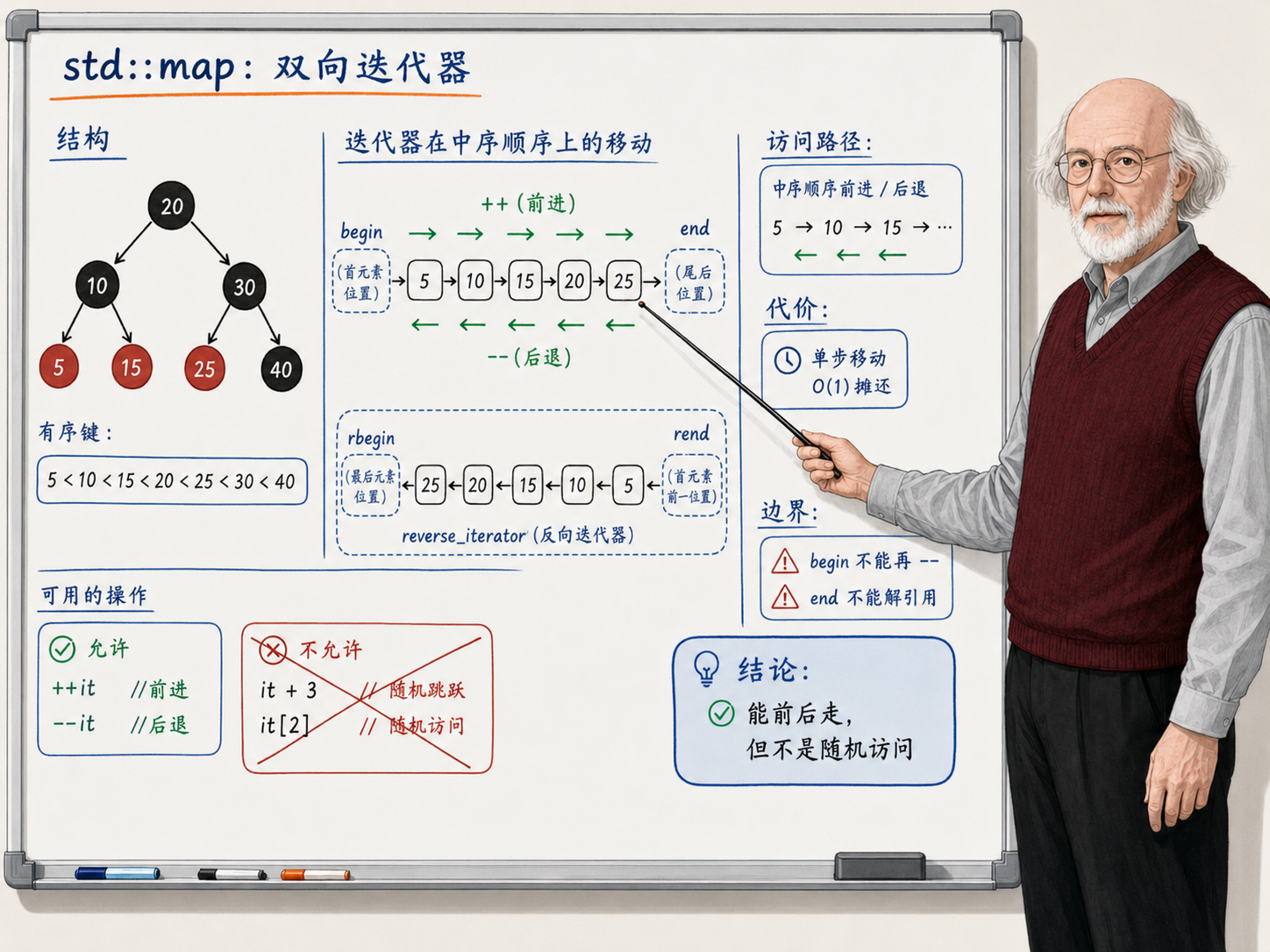 C++ std::map双向迭代器示意图
