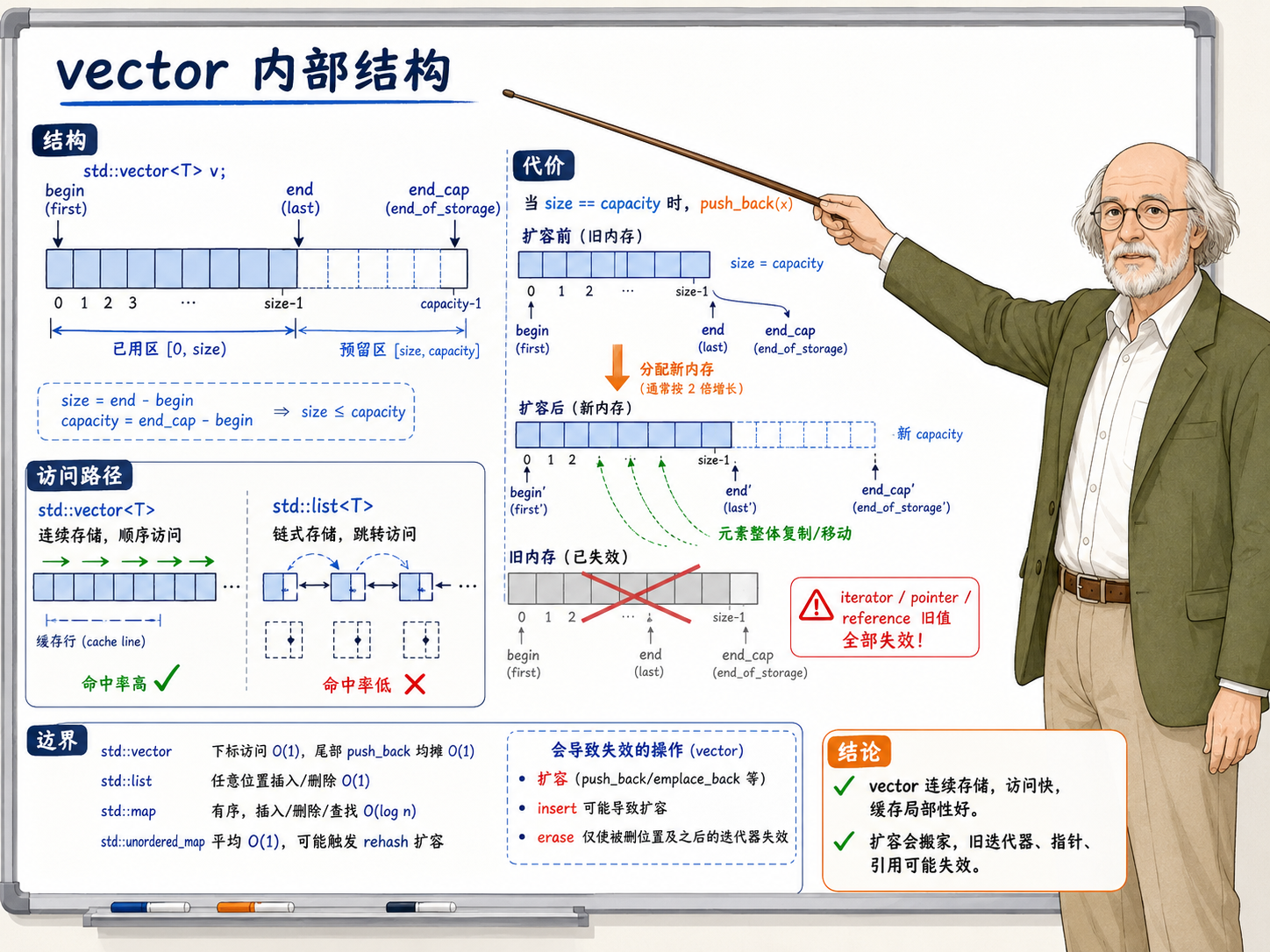 C++ 讲解STL中vector内部结构与迭代器失效相关知识的图示示意图
