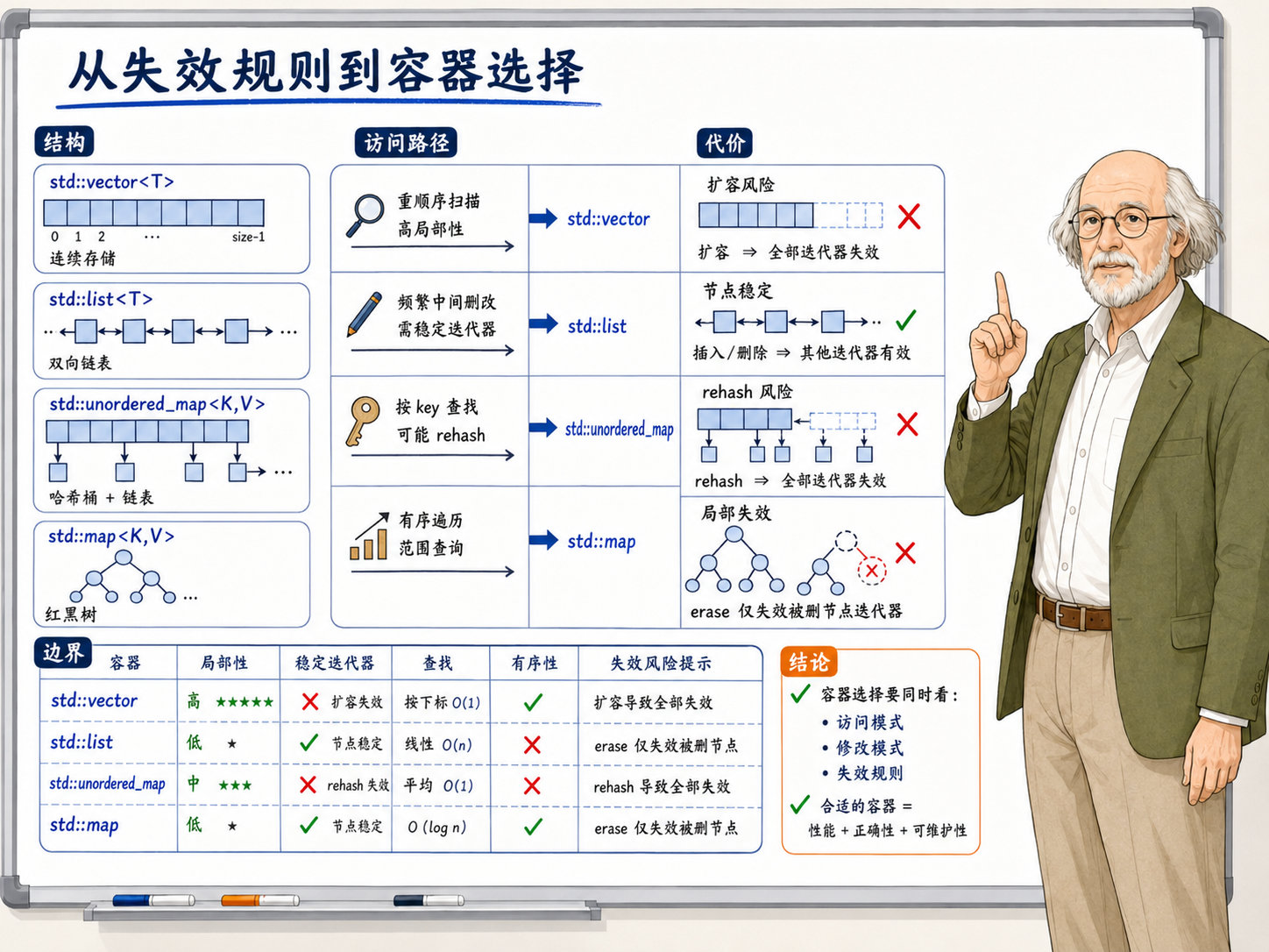C++ 从失效规则到容器选择的思维导图